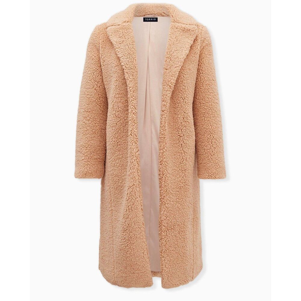 NWT Torrid 1X Beige Faux Fur Open Front Longline Teddy Sherpa Coat Size 14-16